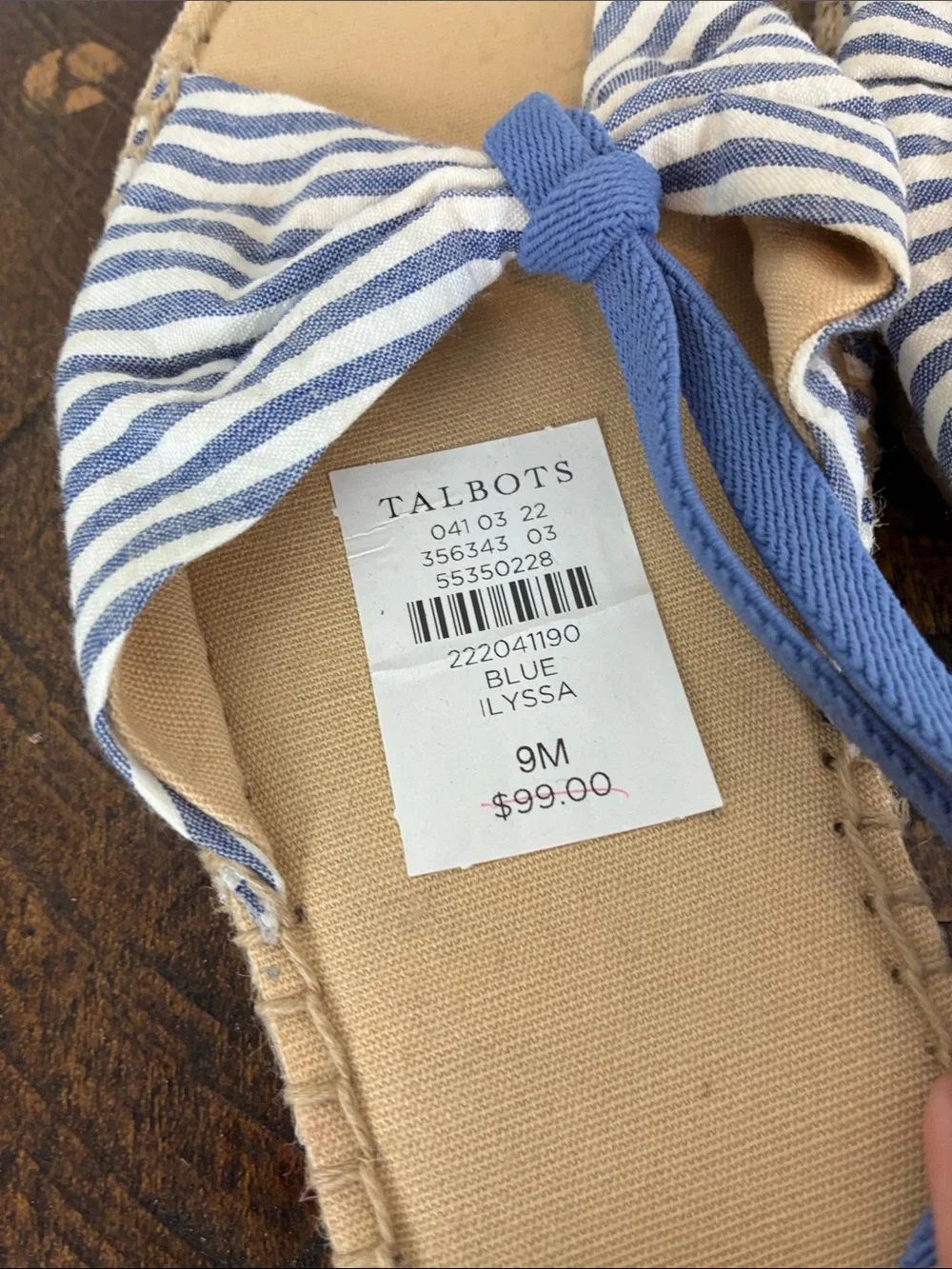 New Talbots Women’s 9 Blue Tan Striped Bow Espadrille Sandals Ilyssa Flat